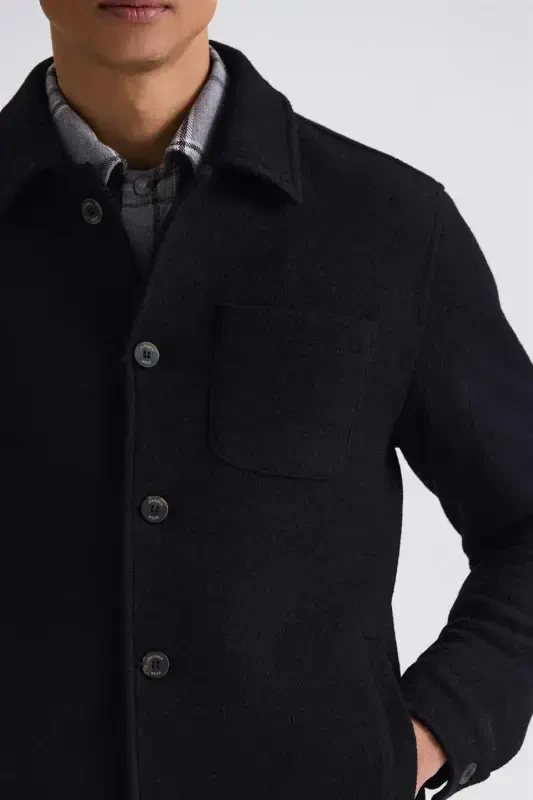 Black Slim Fit Barber Collar Wool Cashmere Coat - 3