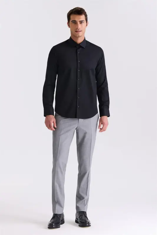 Black Slim Fit Basic Buttoned 100% Cotton Shirt - 2