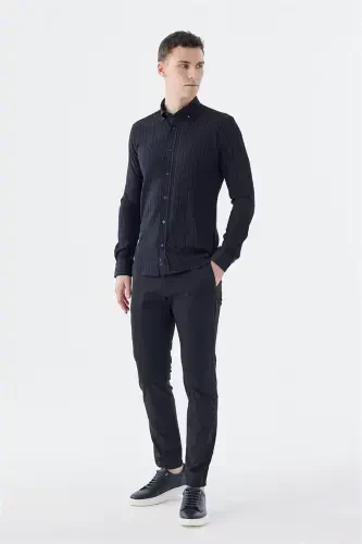 Black Slim Fit Button-Down Linen Blend Patterned Shirt - JAKAMEN (1)