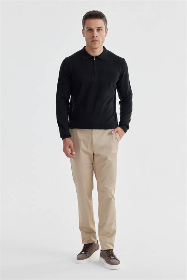 Black Slim Fit Cotton Patterned Zip Polo Neck Knitted Sweater - 2