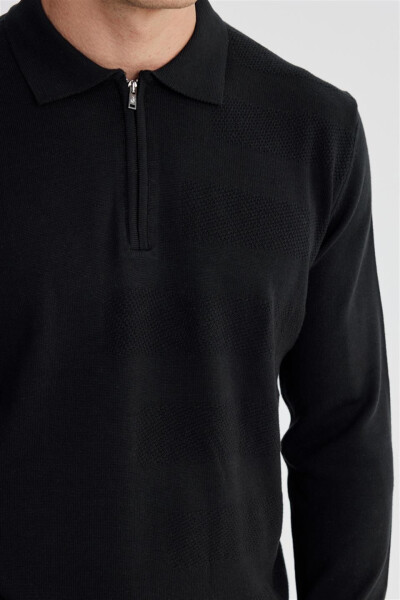 Black Slim Fit Cotton Patterned Zip Polo Neck Knitted Sweater - 3