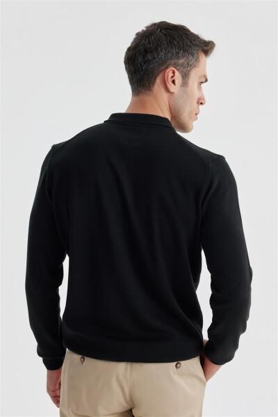 Black Slim Fit Cotton Patterned Zip Polo Neck Knitted Sweater - 4