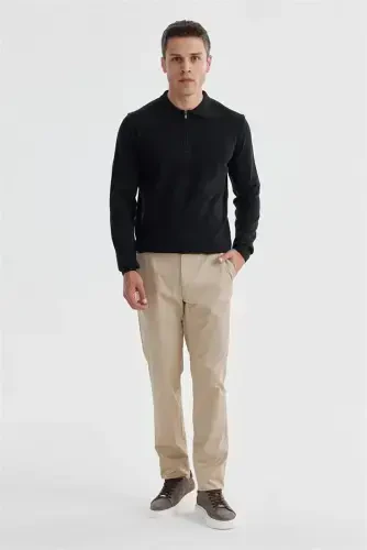 Black Slim Fit Cotton Patterned Zip-Up Polo Neck Knitted Jumper - JAKAMEN (1)