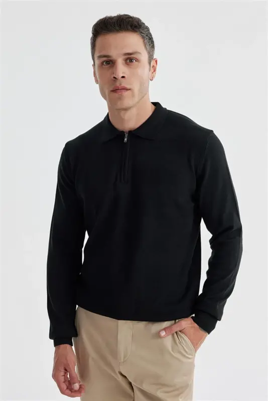 Black Slim Fit Cotton Patterned Zippered Polo Neck Knit Sweater - JAKAMEN