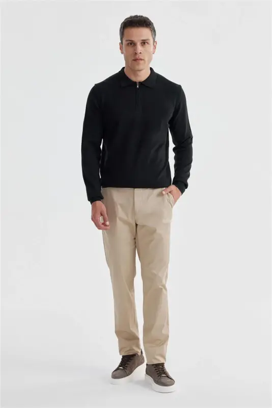 Black Slim Fit Cotton Patterned Zippered Polo Neck Knit Sweater - 2