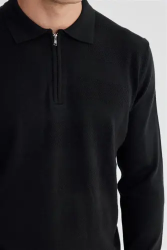 Black Slim Fit Cotton Patterned Zippered Polo Neck Knit Sweater - 3