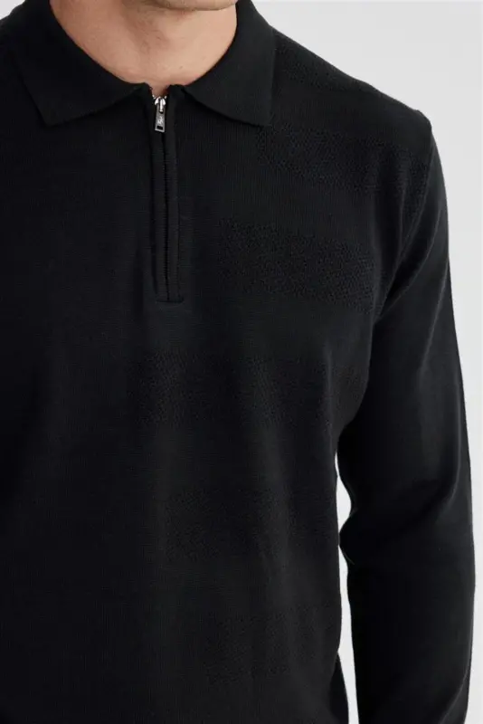 Black Slim Fit Cotton Patterned Zippered Polo Neck Knit Sweater - 3