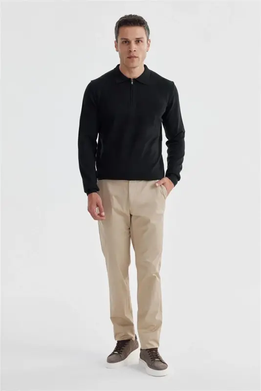 Black Slim Fit Cotton Patterned Zippered Polo Neck Knitwear Sweater - 2