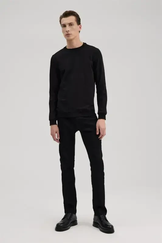 Black Slim Fit Crew Neck Basic Sweatshirt - JAKAMEN