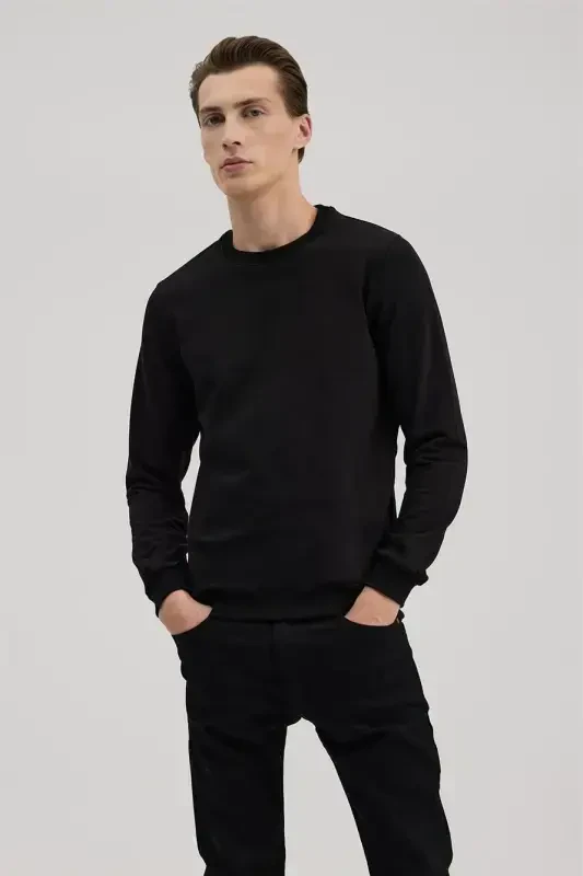 Black Slim Fit Crew Neck Basic Sweatshirt - 2