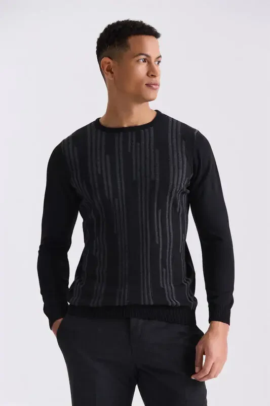Black Slim Fit Crew Neck Patterned Knitted Pullover - 1