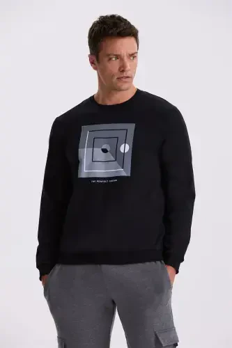 Black Slim Fit Crew Neck Printed %100 Cotton Sweatshirt - 1