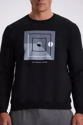 Black Slim Fit Crew Neck Printed %100 Cotton Sweatshirt - 3