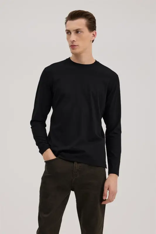 Black Slim Fit Crew Neck Rayon Long Sleeve Basic T-Shirt - 1