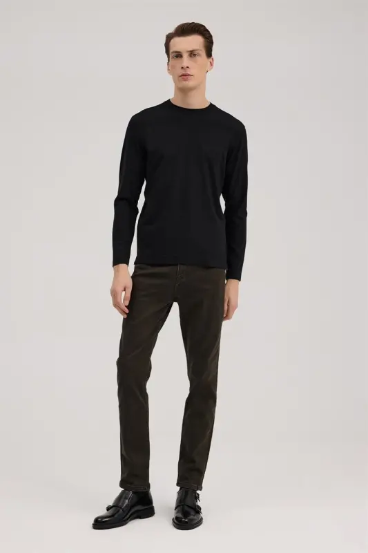 Black Slim Fit Crew Neck Rayon Long Sleeve Basic T-Shirt - 2