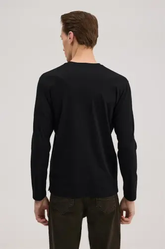 Black Slim Fit Crew Neck Rayon Long Sleeve Basic T-Shirt - 4