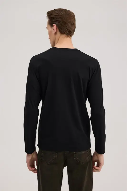 Black Slim Fit Crew Neck Rayon Long Sleeve Basic T-Shirt - 4