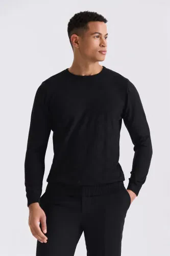 Black Slim Fit Crewneck Patterned Knit Sweater - Modazone