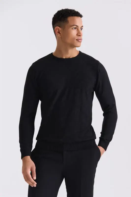 Black Slim Fit Crewneck Patterned Knit Sweater - 1