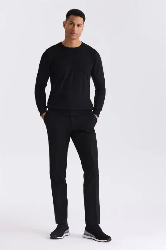 Black Slim Fit Crewneck Patterned Knit Sweater - 2
