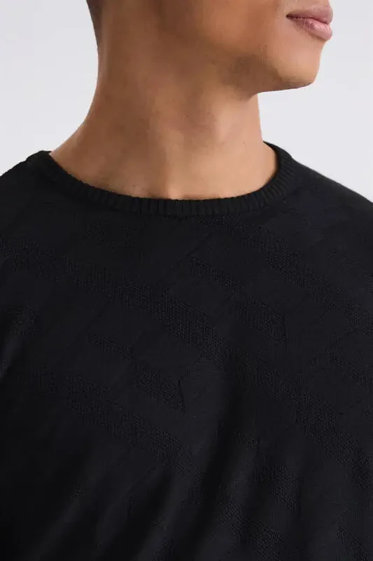 Black Slim Fit Crewneck Patterned Knit Sweater - 3