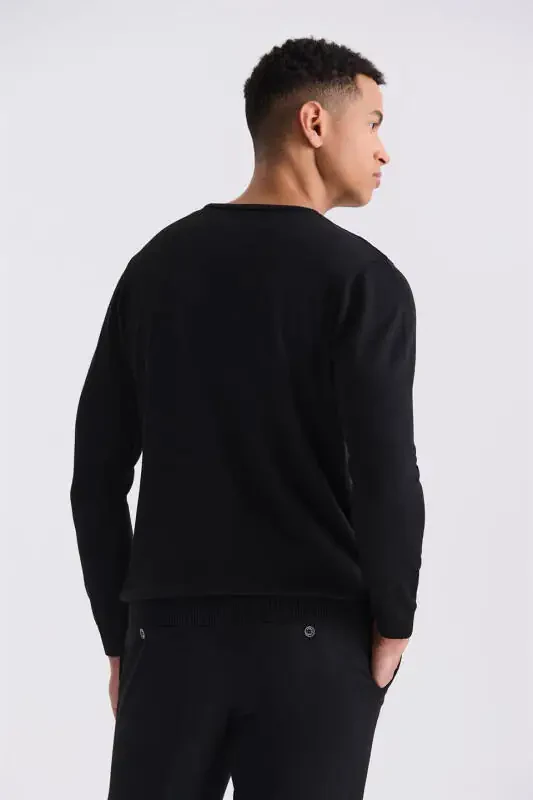 Black Slim Fit Crewneck Patterned Knit Sweater - 4