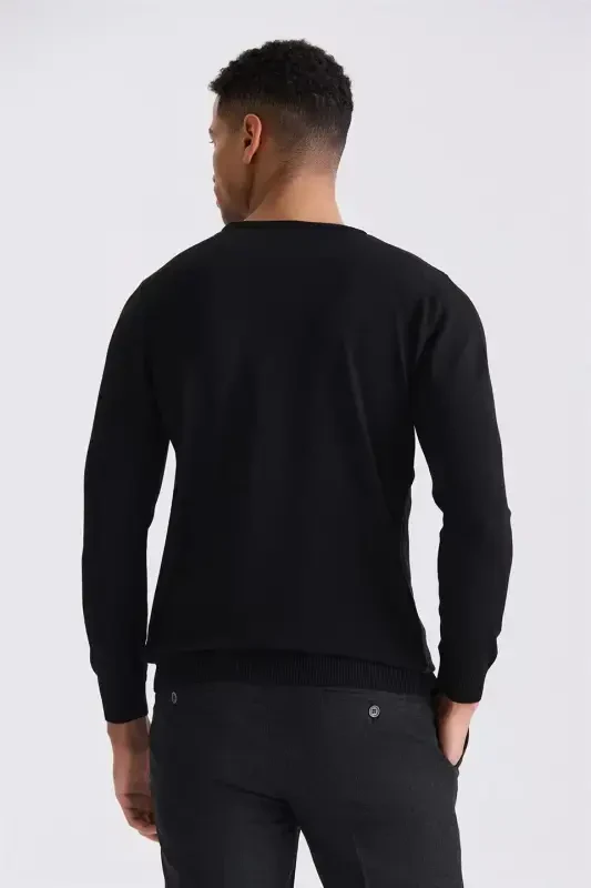 Black Slim Fit Crewneck Patterned Knitted Sweater - 3