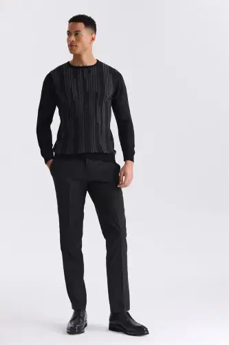 Black Slim Fit Crewneck Patterned Knitted Sweater - 4