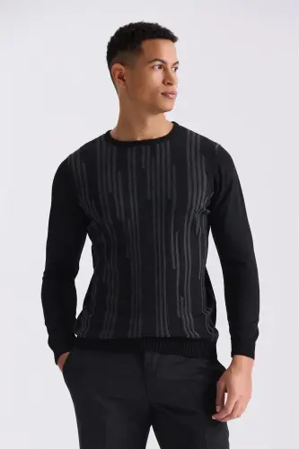 Black Slim Fit Crewneck Patterned Knitted Sweater 