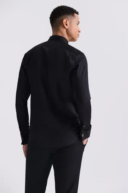 Black Slim Fit Cufflinked 100% Cotton Grandad Collar Shirt - 2