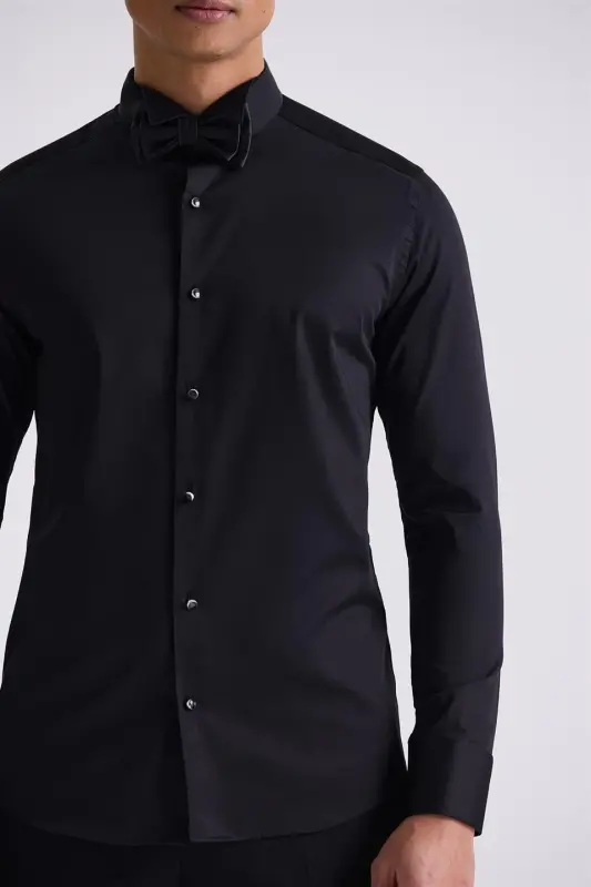 Black Slim Fit Cufflinked 100% Cotton Grandad Collar Shirt - JAKAMEN