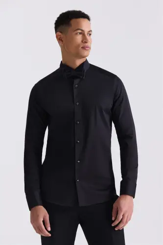 Black Slim Fit Cufflinked 100% Cotton Grandad Collar Shirt - 3