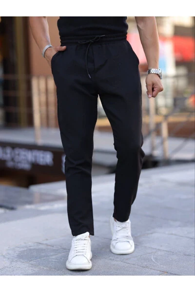 Black Slim Fit Drawstring, Elastic Waist Straight Leg, Textured Men's Jogger Pants - DOMODA