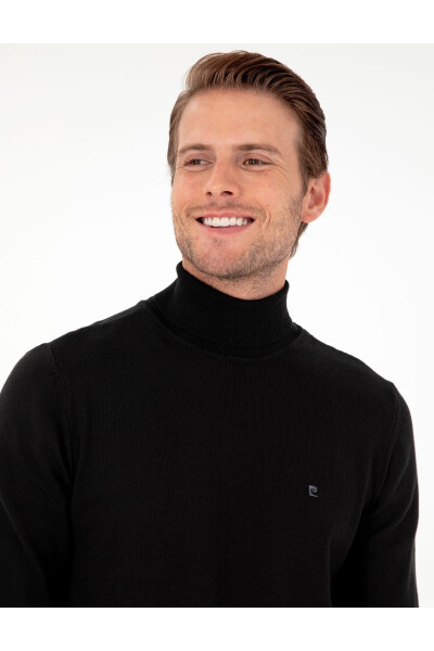 Black Slim Fit Fisherman Neck Basic Knit Sweater - 2