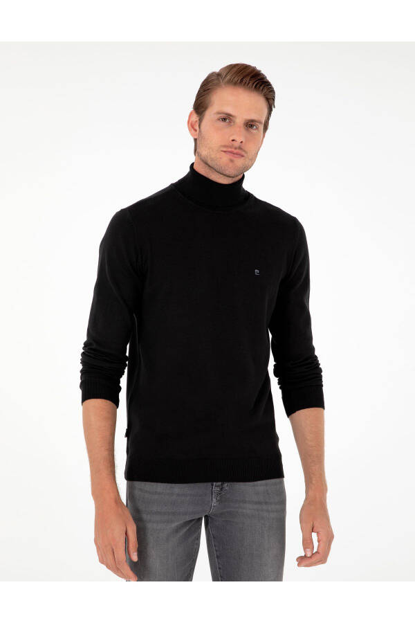 Black Slim Fit Fisherman Neck Basic Knit Sweater - 3