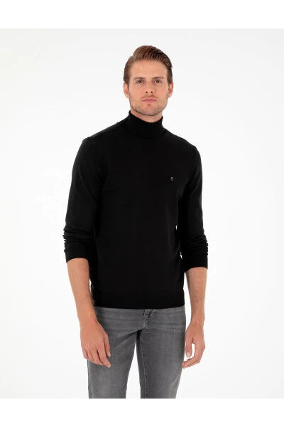 Black Slim Fit Fisherman Neck Basic Knit Sweater - PIERRE CARDIN