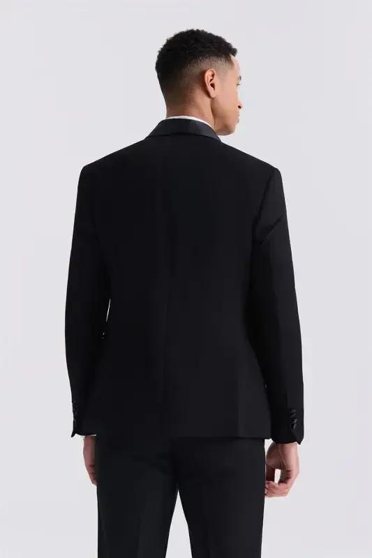 Black Slim Fit Fixed Shawl Collar Double Breasted Tuxedo Suit - 4