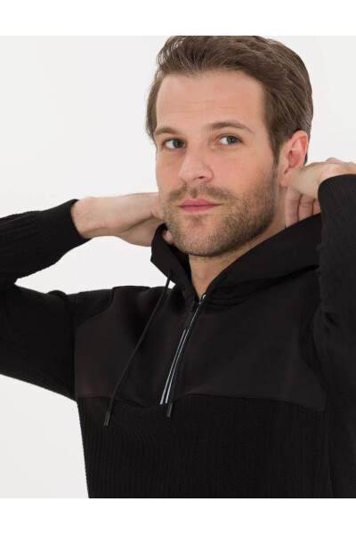 Black Slim Fit Hooded Men's Knit Sweater - 2