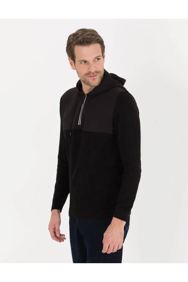 Black Slim Fit Hooded Men's Knit Sweater - 4