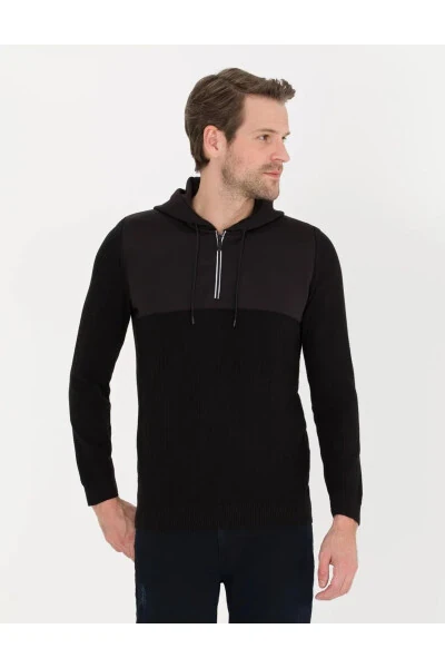 Black Slim Fit Hooded Men's Knit Sweater - PIERRE CARDIN