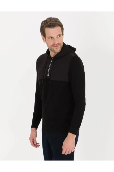 Black Slim Fit Hooded Men's Knit Sweater - 4