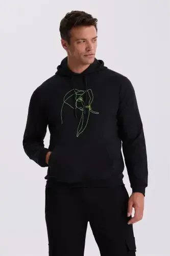 Black Slim Fit Hoodie Printed 100% Cotton Sweatshirt - 2
