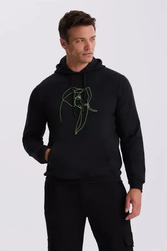 Black Slim Fit Hoodie Printed 100% Cotton Sweatshirt - 2