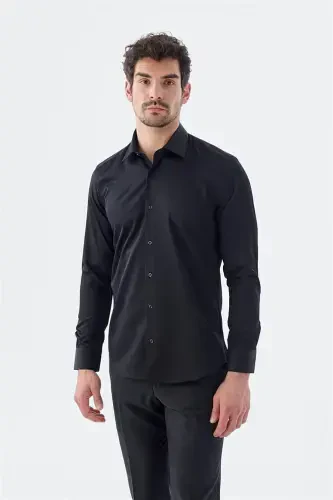 Black Slim Fit Italian Collar Long Sleeve Classic Dress Shirt 100% Cotton Sateen - 1