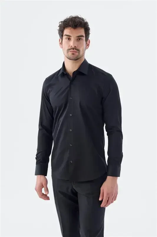 Black Slim Fit Italian Collar Long Sleeve Classic Dress Shirt 100% Cotton Sateen - JAKAMEN