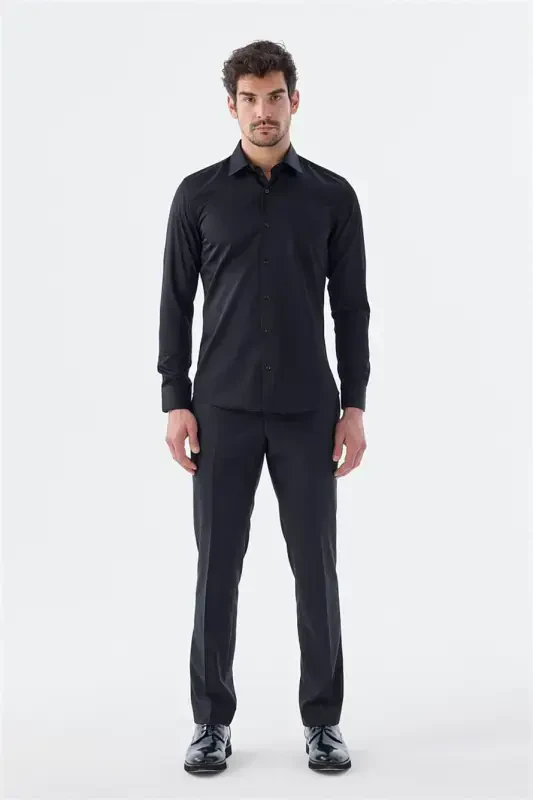 Black Slim Fit Italian Collar Long Sleeve Classic Dress Shirt 100% Cotton Sateen - 2