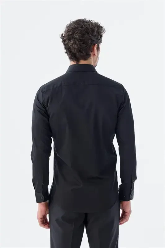 Black Slim Fit Italian Collar Long Sleeve Classic Dress Shirt 100% Cotton Sateen - 4