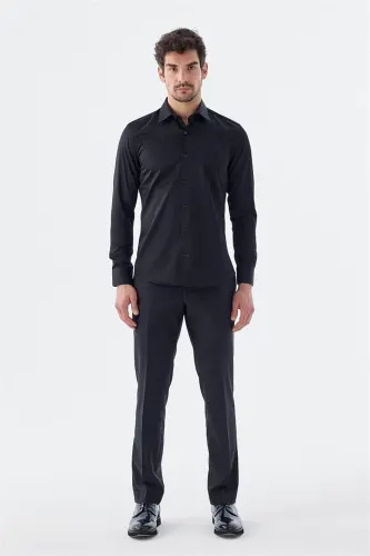 Black Slim Fit Italian Collar Long Sleeve Classic Dress Shirt 100% Cotton Sateen - 2