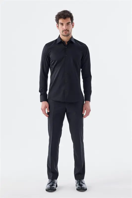Black Slim Fit Italian Collar Long Sleeve Classic Dress Shirt 100% Cotton Sateen - 2
