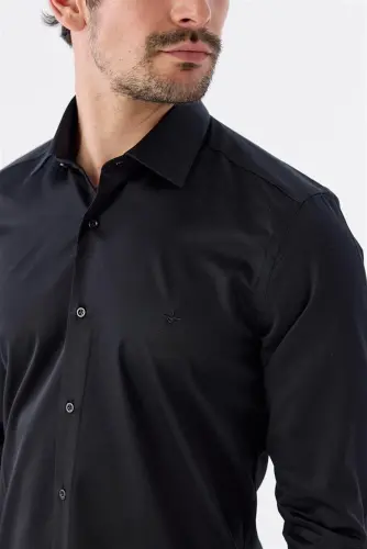 Black Slim Fit Italian Collar Long Sleeve Classic Dress Shirt 100% Cotton Sateen - 3